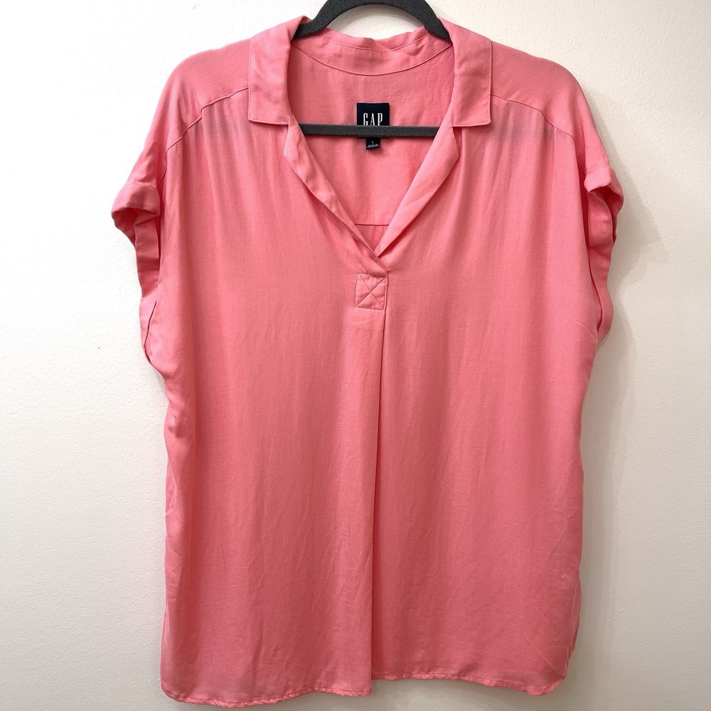 GAP Shirt Womens LG Salmon Short Sleeve Rayon Blend V-Neck Blouse Cap Sleeve - Picture 3 of 7